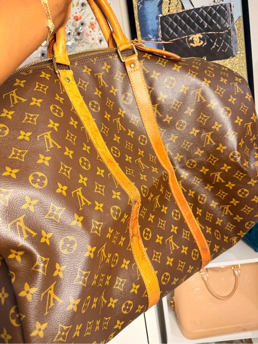 Louis Vuitton Brown Monogram Travel Duffle with Tan Leather Trim